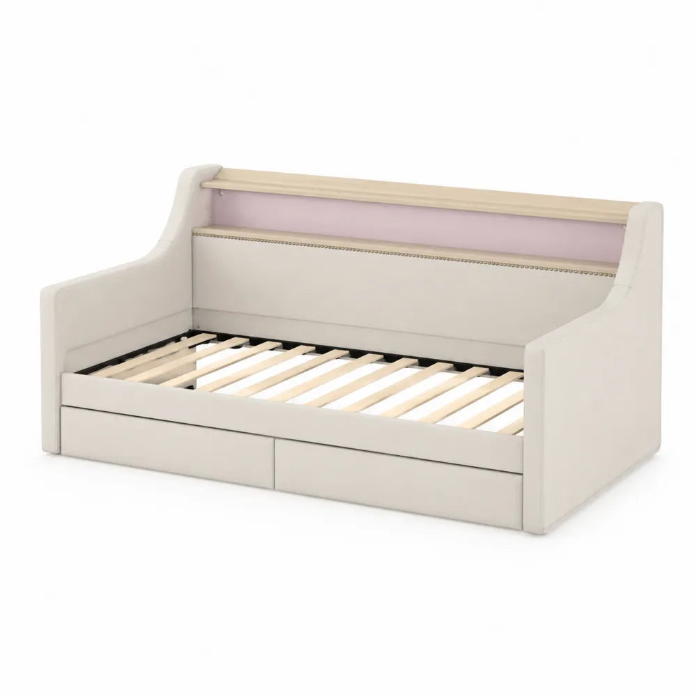 Divano Letto con Cassetti in Legno e Rivestimento Crema 200x90 cm
