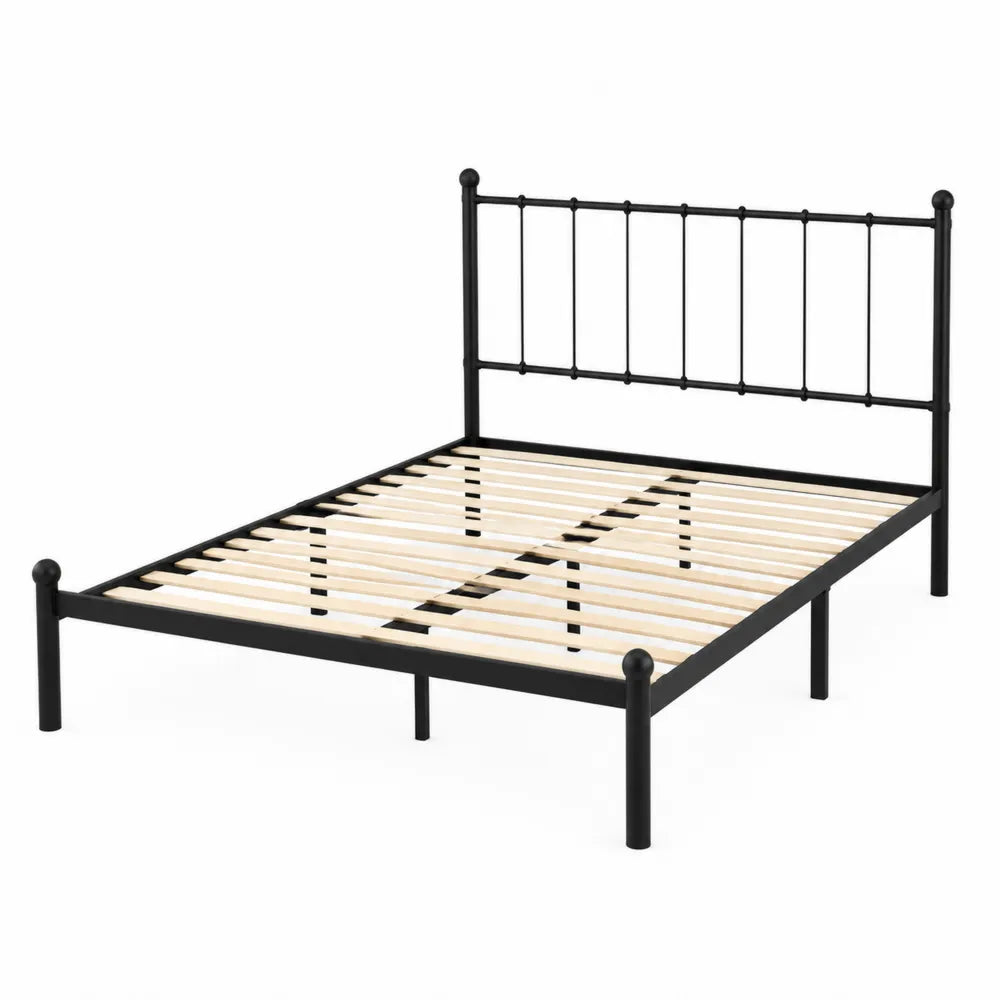 Letto Matrimoniale in Metallo Nero con Doghe in Legno 200x160 cm