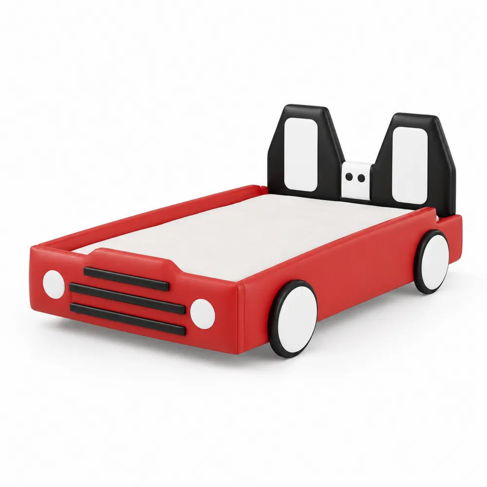 Letto per bambini a forma di auto in pelle sintetica rossa e nera