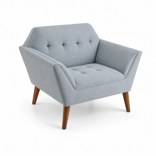 Poltrona in tessuto grigio con gambe in legno di faggio