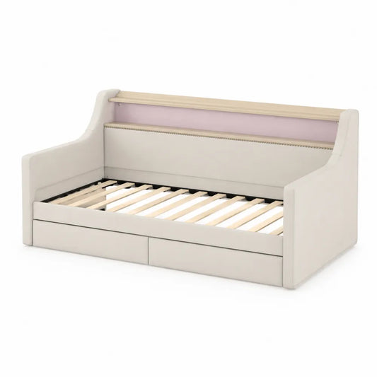 Divano Letto con Cassetti in Legno e Rivestimento Crema 200x90 cm