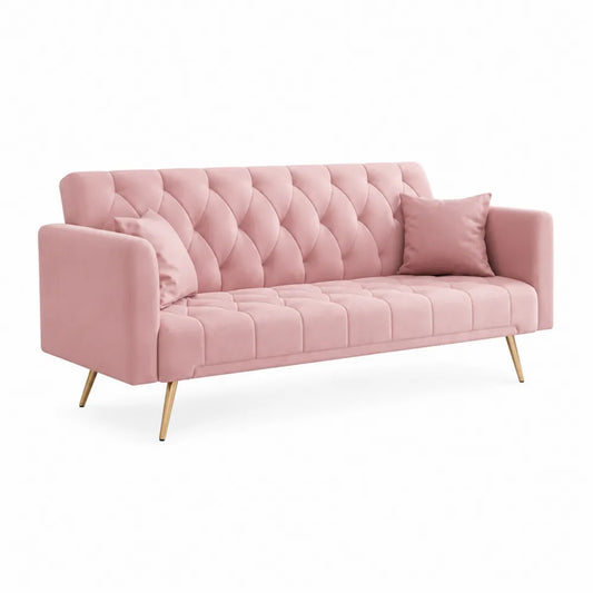 Divano in velluto rosa con gambe in metallo
