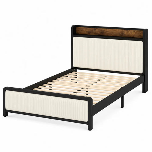 Letto Singolo in Metallo e Tessuto Crema 200x90 cm