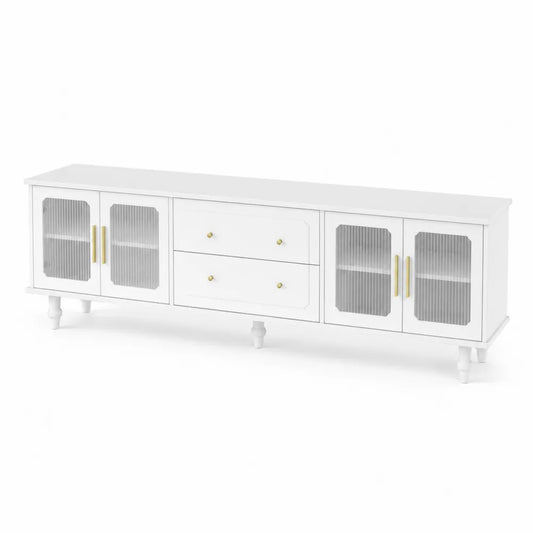 Mobile TV in Legno con Ante in Vetro Temperato Scanalato Bianco 180x40x50 cm