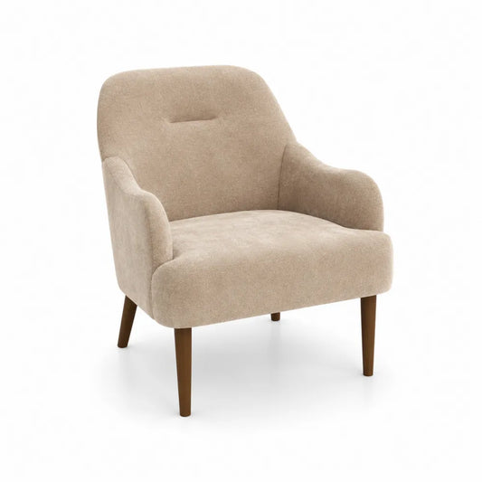 Poltrona in tessuto di poliestere beige con gambe in legno di faggio