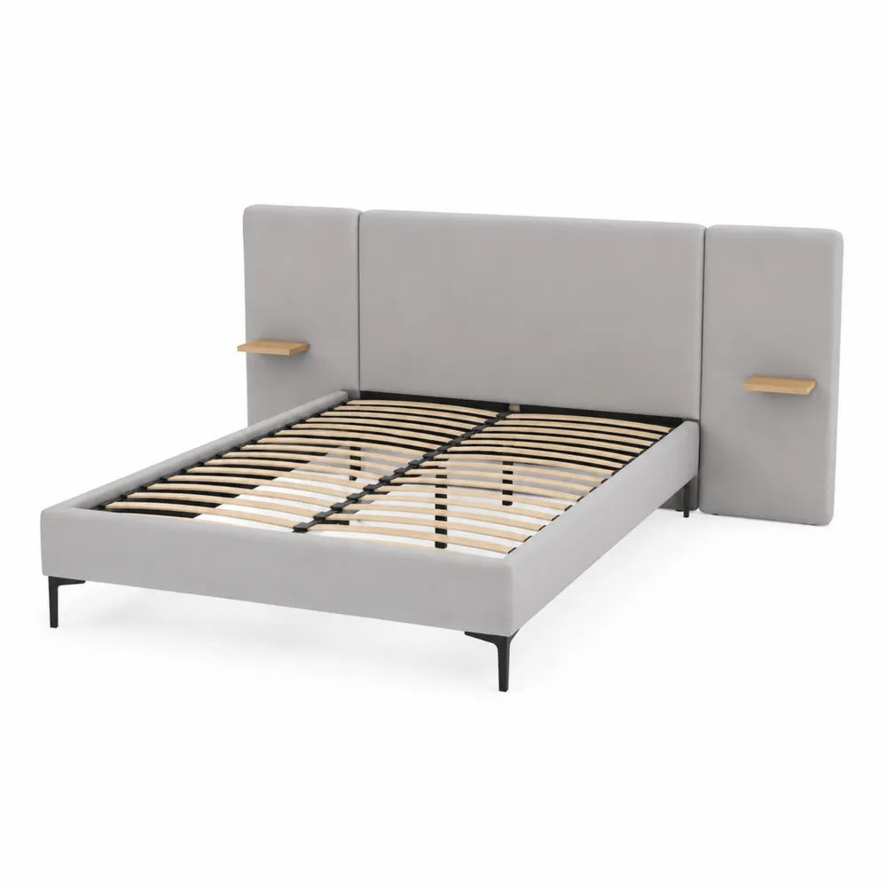 Letto in Metallo e Tessuto Grigio con Testiera e Ripiani in Legno 160x200 cm