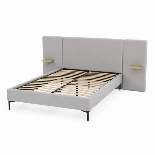 Letto in Metallo e Tessuto Grigio con Testiera e Ripiani in Legno 160x200 cm