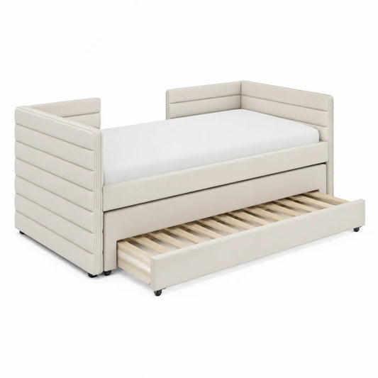 Letto Singolo con Contenitore Estraibile in Ecopelle Beige