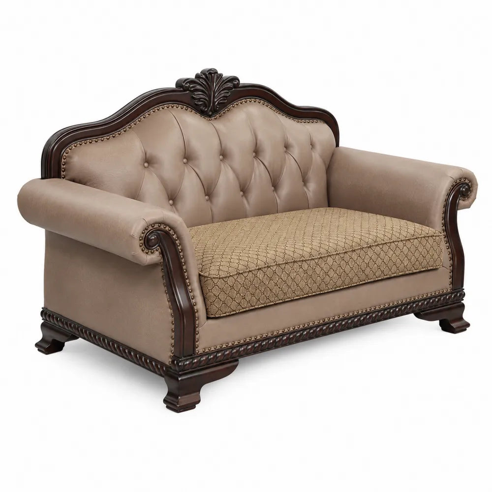 Divano in Pelle Sintetica Beige con Struttura in Legno Massello